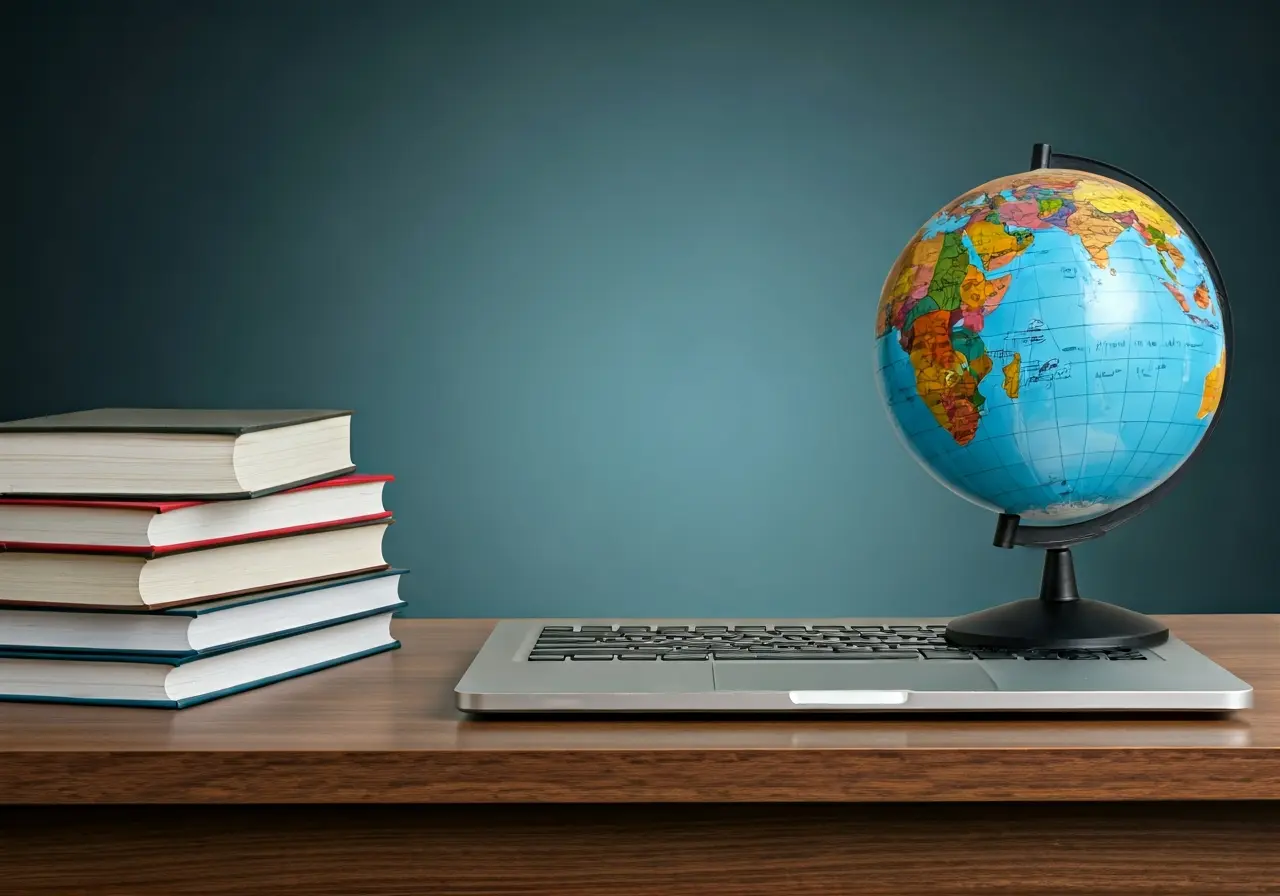 A laptop on a desk with books and a globe. 35mm stock photo