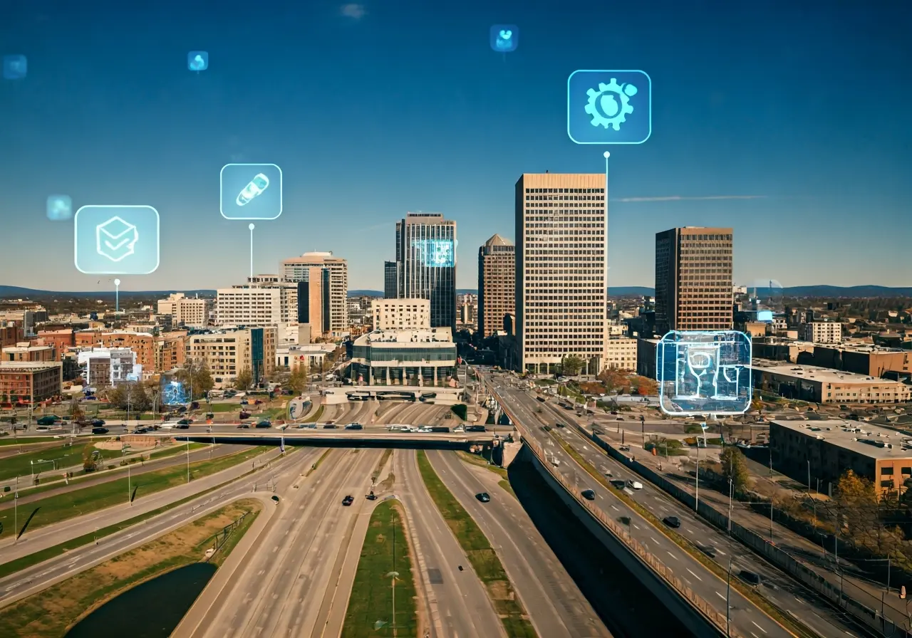 Aerial view of Spokane skyline with modern technology icons overlay. 35mm stock photo