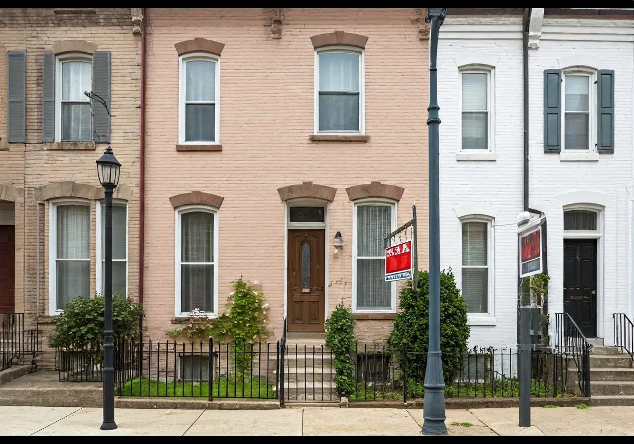 A charming Baltimore rowhouse with a For Sale sign. 35mm stock photo