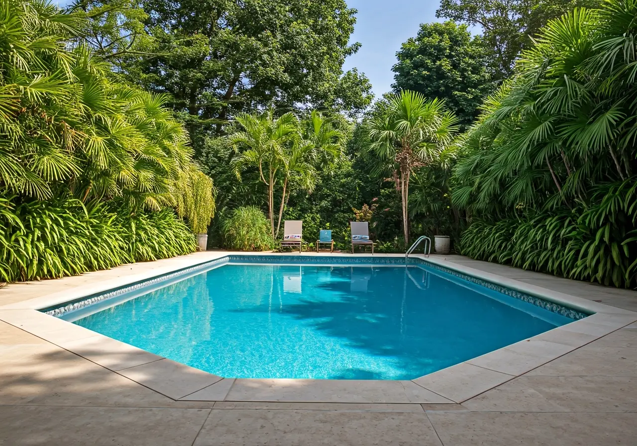 A beautifully renovated pool surrounded by lush greenery. 35mm stock photo