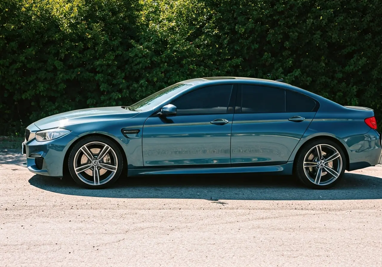 A sleek car with freshly tinted windows glistening under sunlight. 35mm stock photo