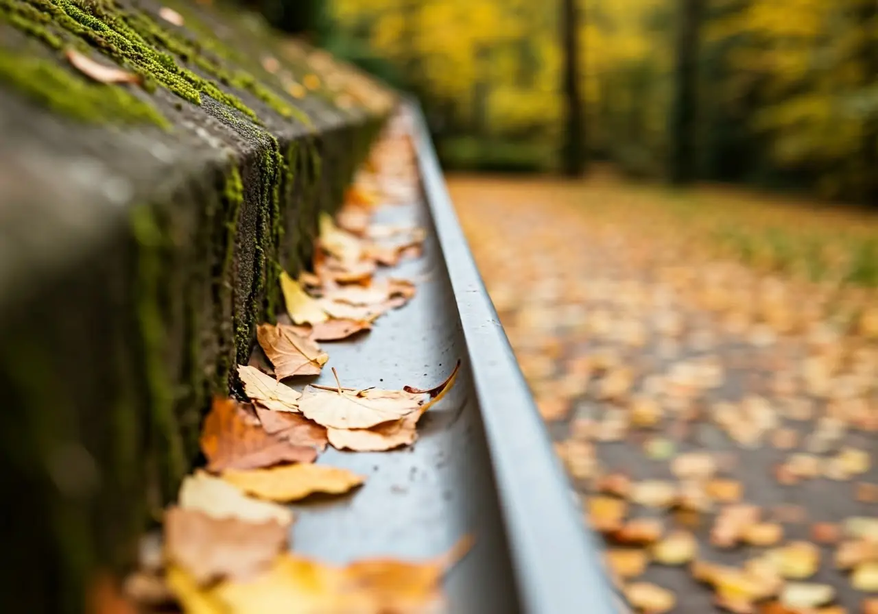 A clean gutter with autumn leaves scattered around. 35mm stock photo