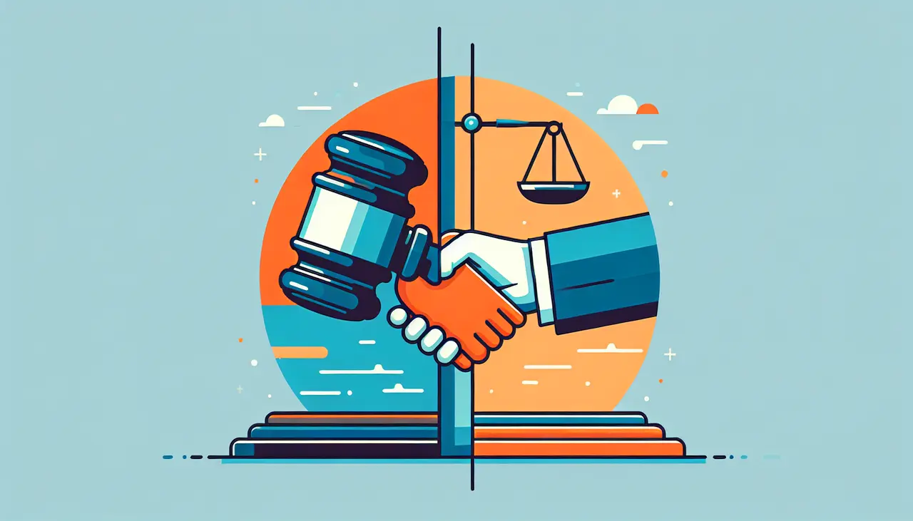 Draw a graphic in flat design style. A split-screen image showing a judge’s gavel on one side representing litigation and a handshake on the other side symbolizing arbitration, using bold, flat colors.