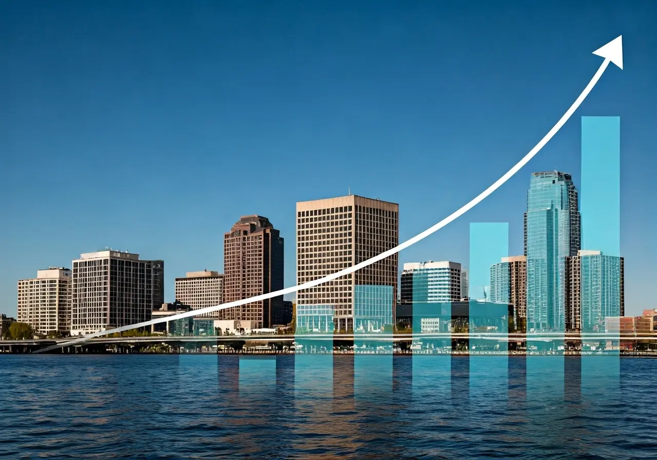 A graph showing rising profits with a Spokane skyline backdrop. 35mm stock photo