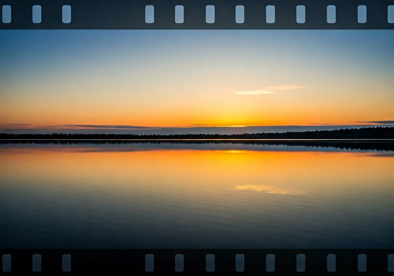 A serene sunrise over a calm lake with reflections. 35mm stock photo
