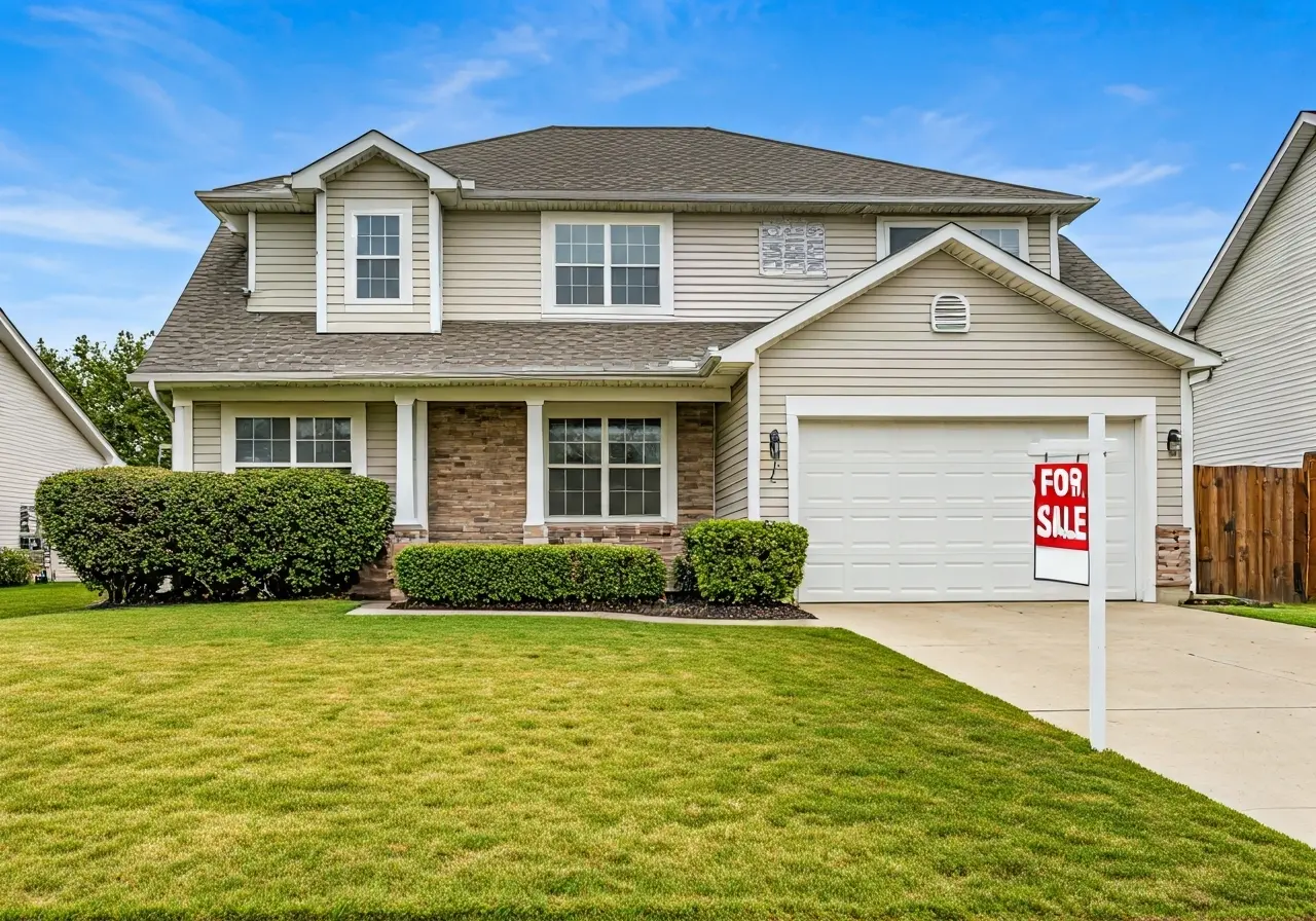 A cozy suburban house with a For Sale sign. 35mm stock photo