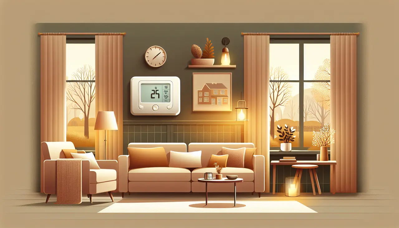 Draw a graphic in flat design style. A cozy living room with a modern Trane thermostat on the wall, illustrating a comfortable and efficient home environment.