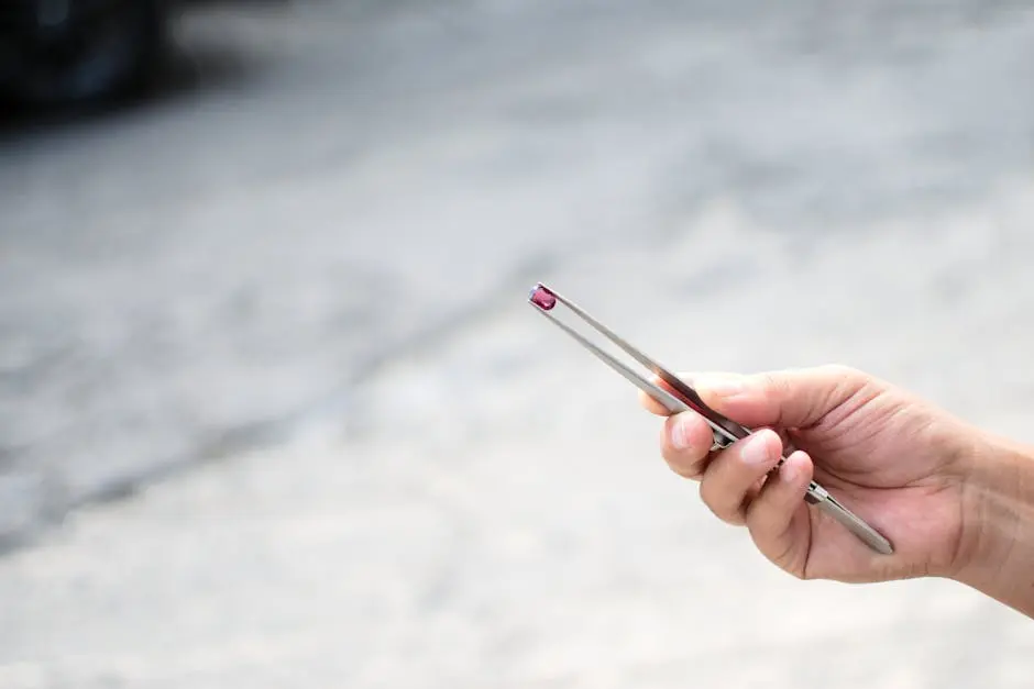 Close-up of a hand holding a gemstone with tweezers outside, highlighting precision and detail.
