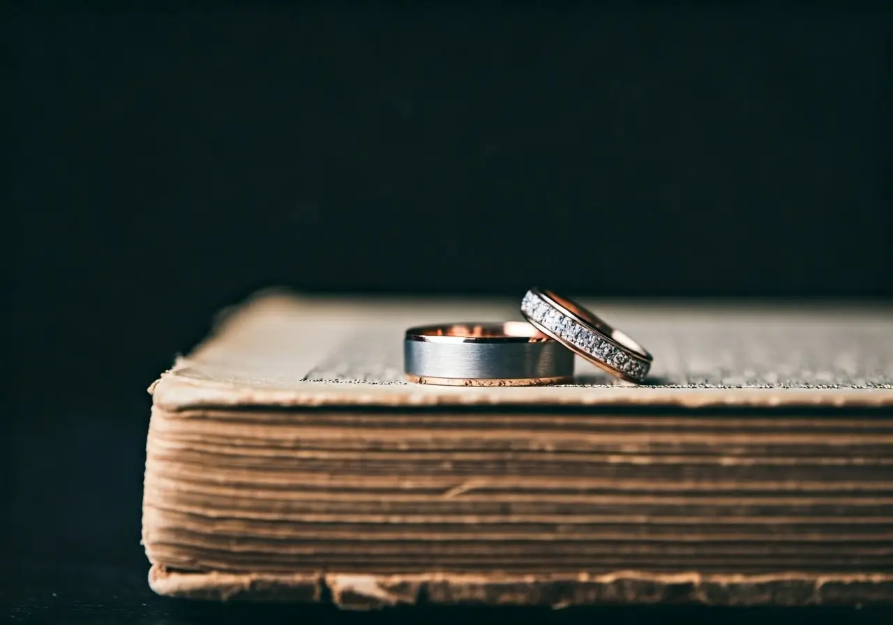 Two wedding rings resting on an open, worn-out book. 35mm stock photo