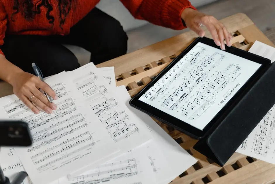 A person reviewing and composing sheet music using both paper and digital formats on a table.