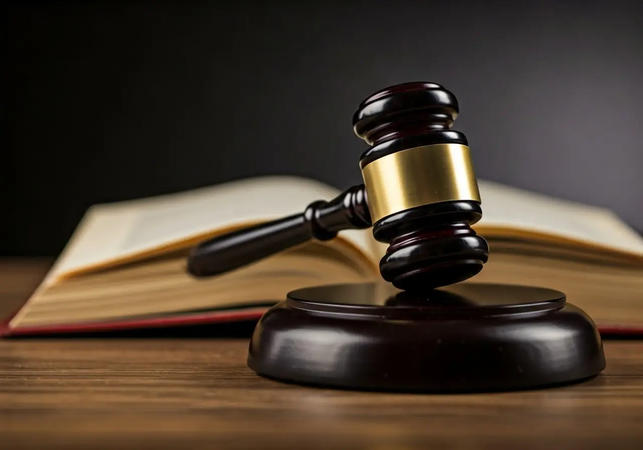 A gavel resting on an open legal book. 35mm stock photo