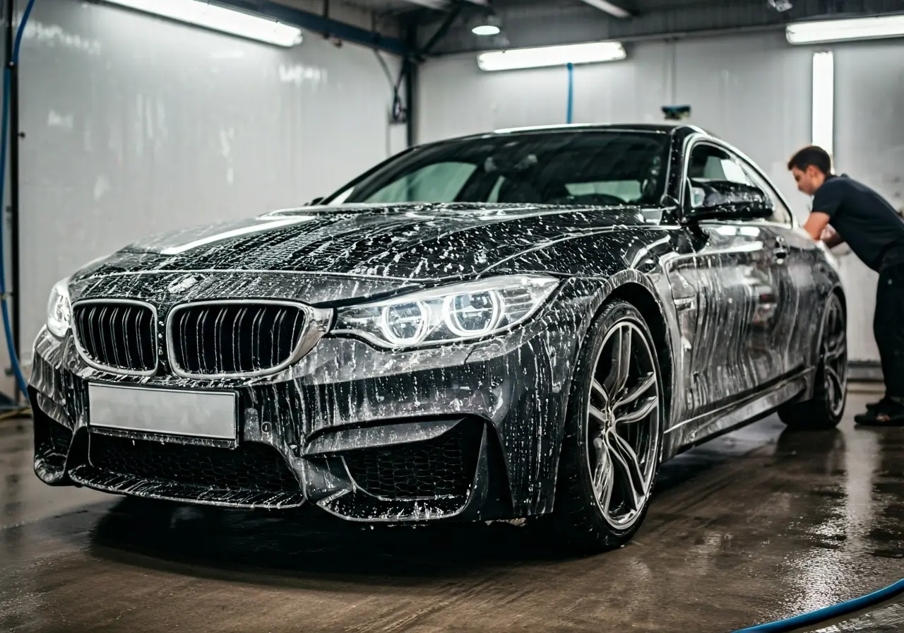 A car being meticulously cleaned at an auto spa. 35mm stock photo