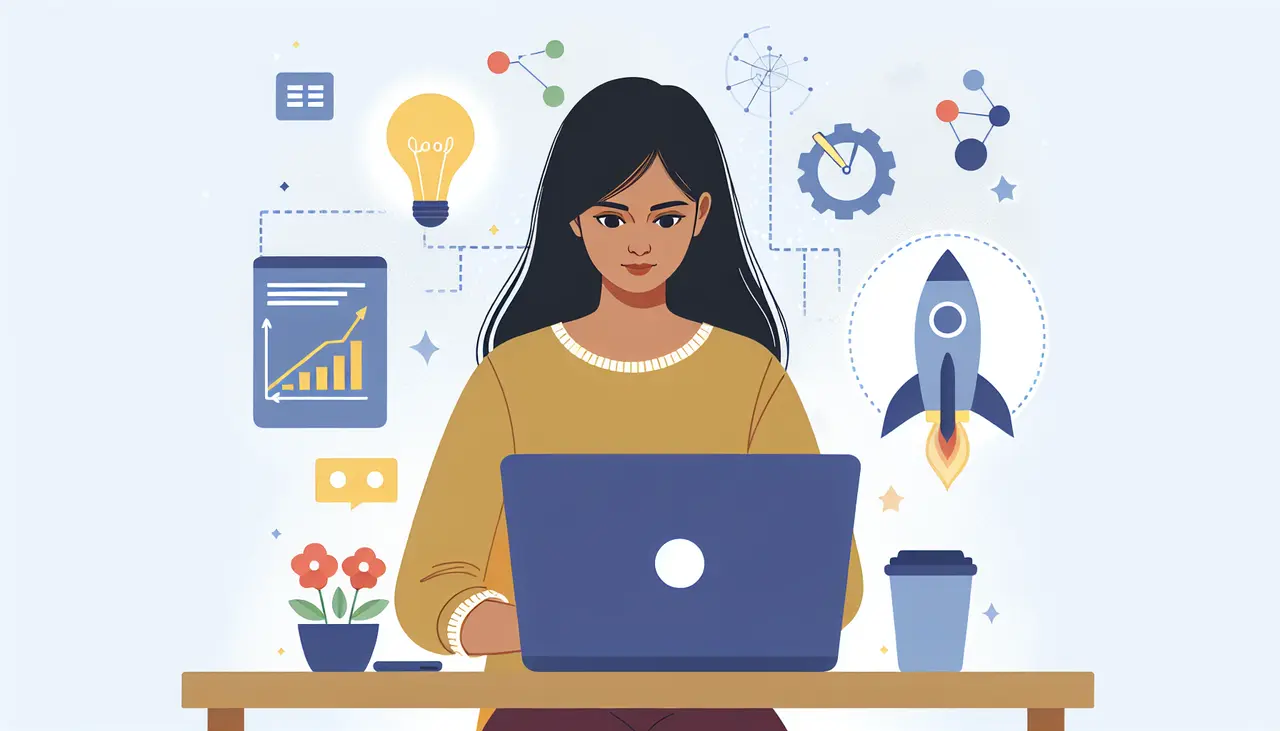 Draw a graphic in flat design style. A flat design illustration of a developer coding at a desk with a laptop, surrounded by icons of a light bulb, a graph, and a startup rocket.