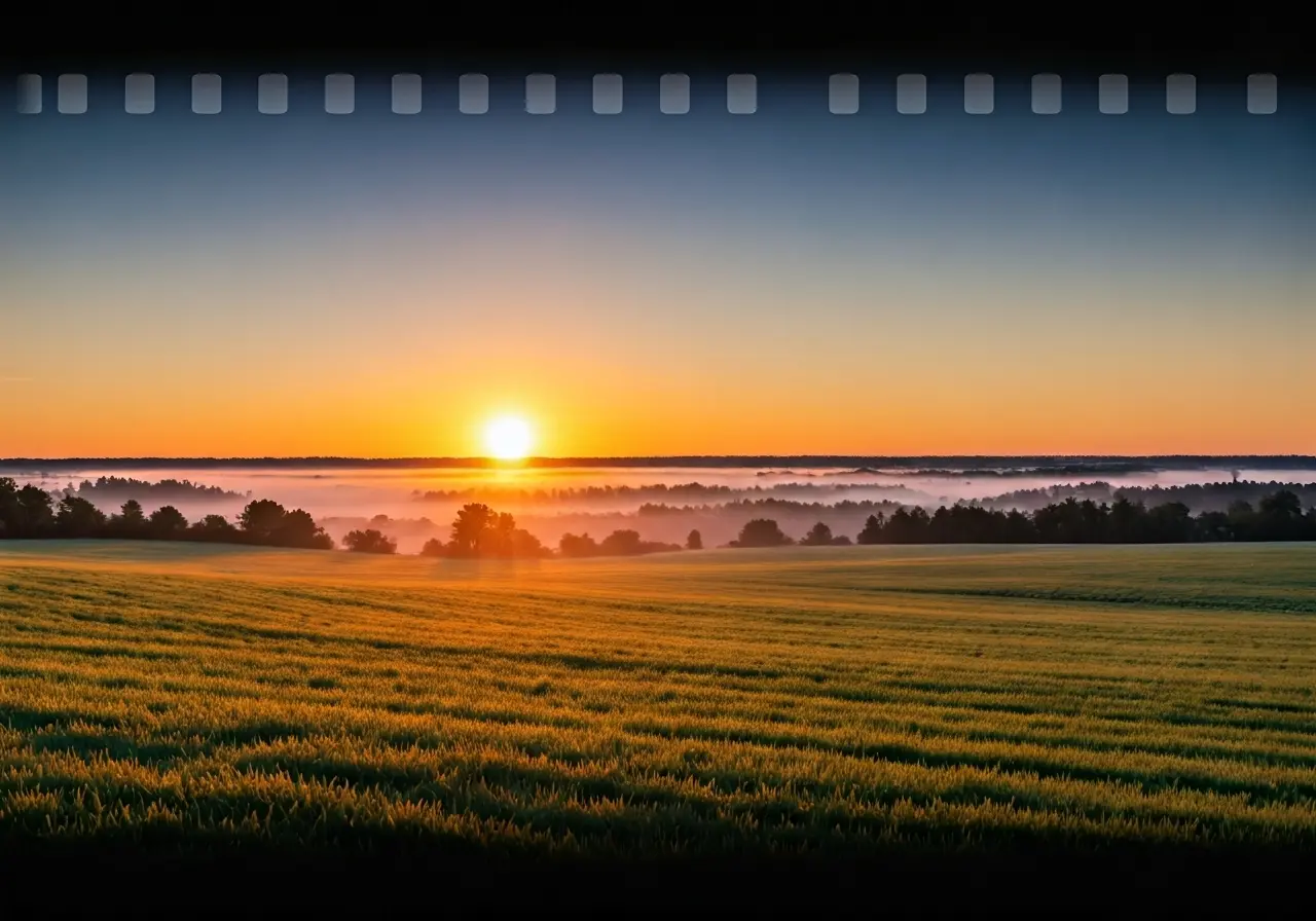 A serene landscape with a sunrise symbolizing new beginnings. 35mm stock photo