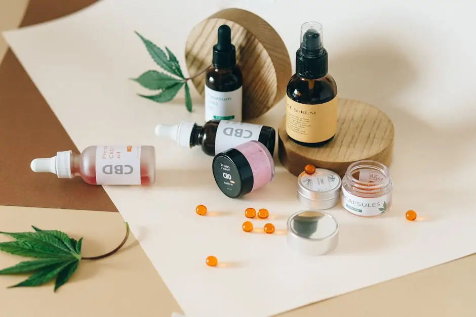 A collection of CBD products including oils and capsules on a neutral background with hemp leaves.