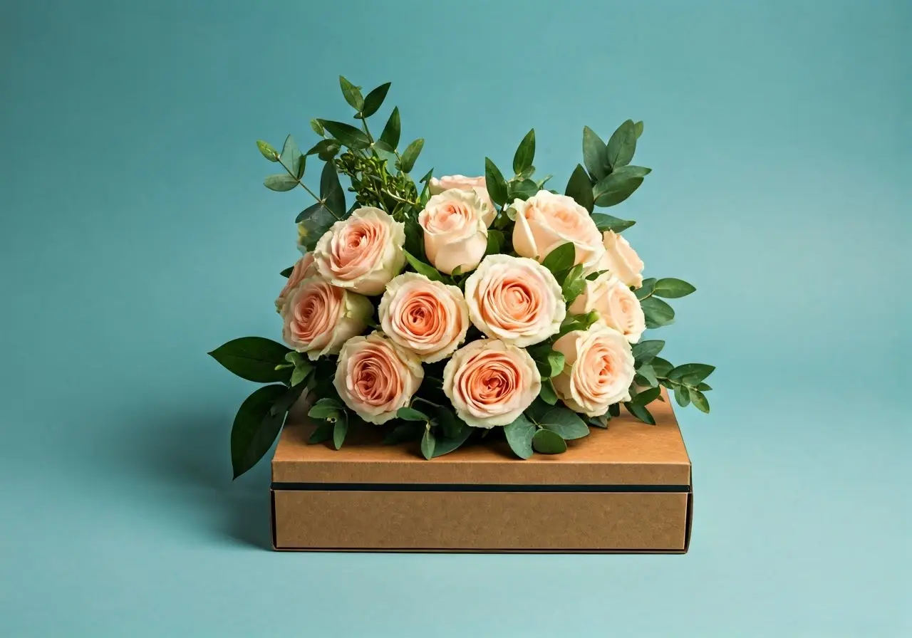A beautifully wrapped wedding subscription box with elegant flowers. 35mm stock photo