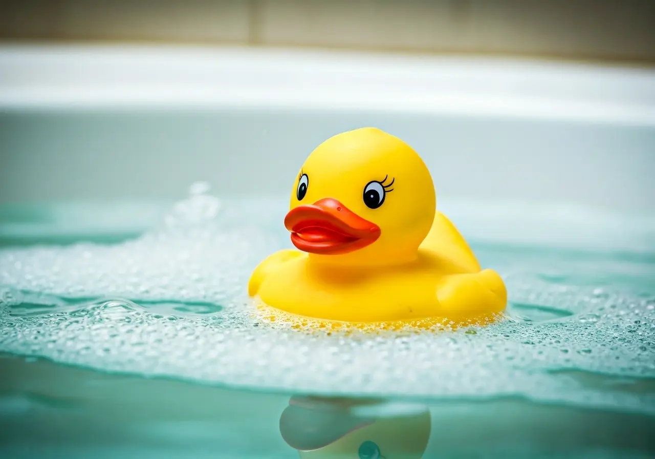A rubber duck floating in a bathtub surrounded by bubbles. 35mm stock photo