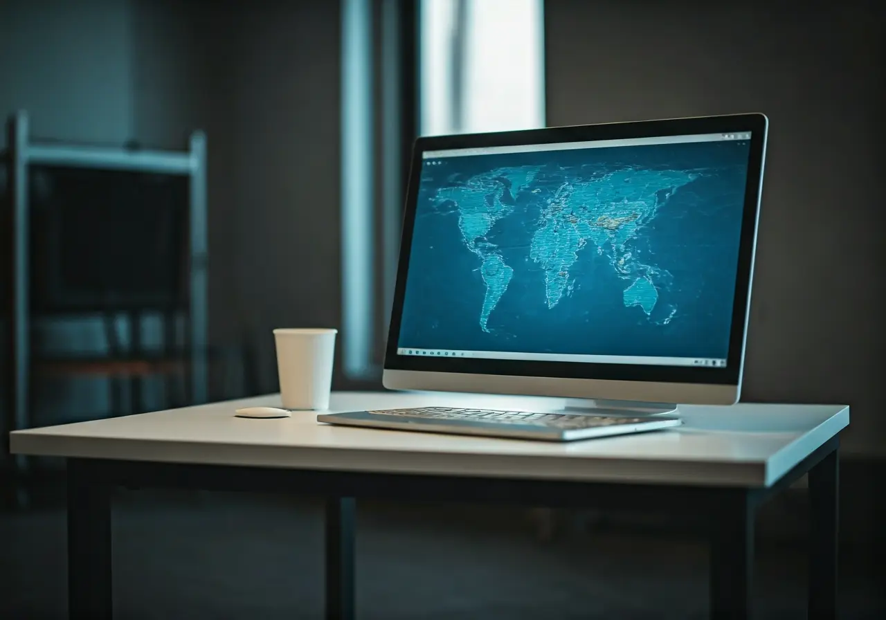A modern office with digital tech gadgets on display. 35mm stock photo