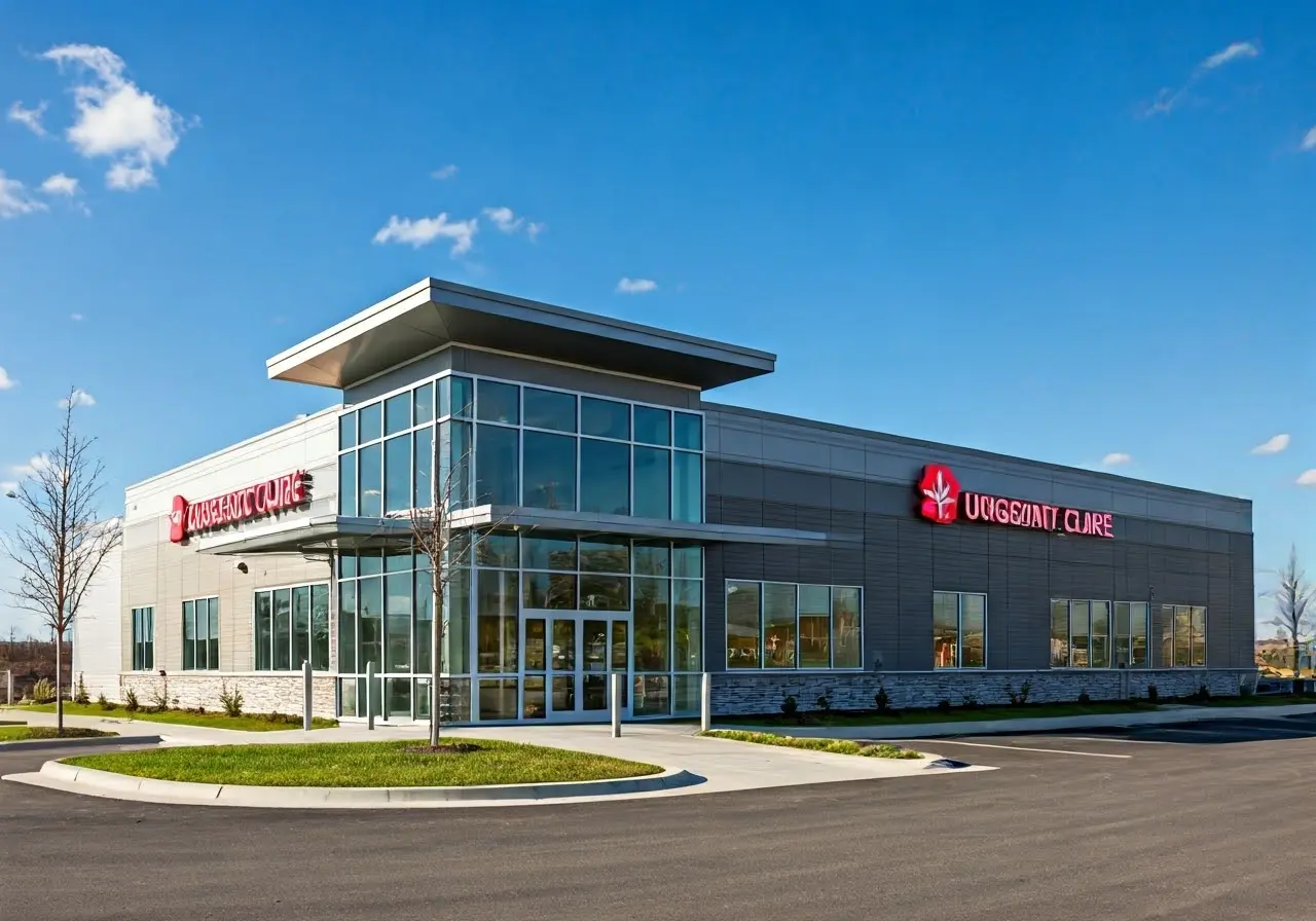 Exterior view of a modern urgent care clinic building. 35mm stock photo
