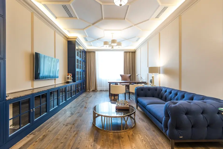 A luxurious apartment interior featuring a blue sofa, modern decor, and elegant lighting.