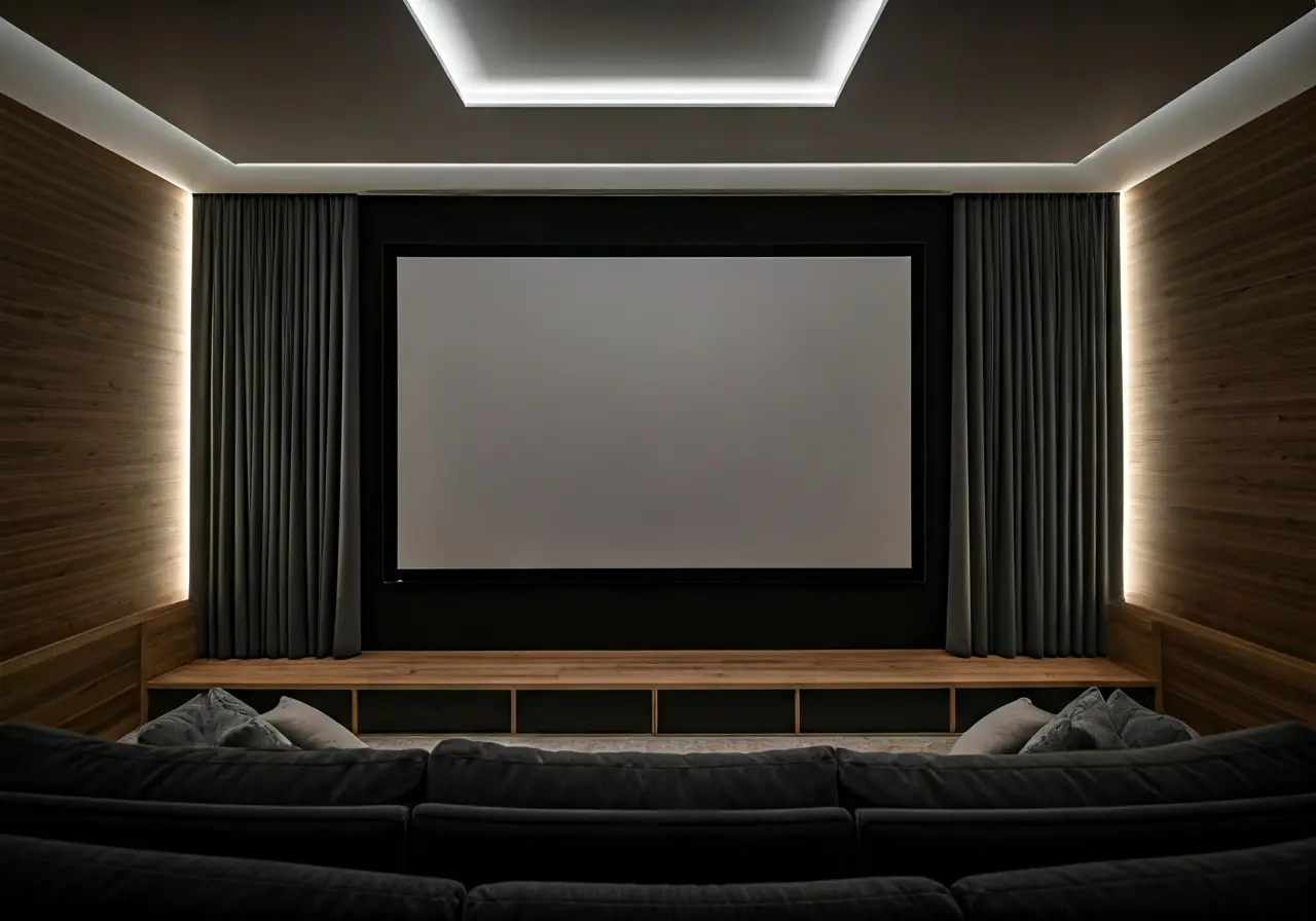 A cozy home theater setup with a large screen and speakers. 35mm stock photo