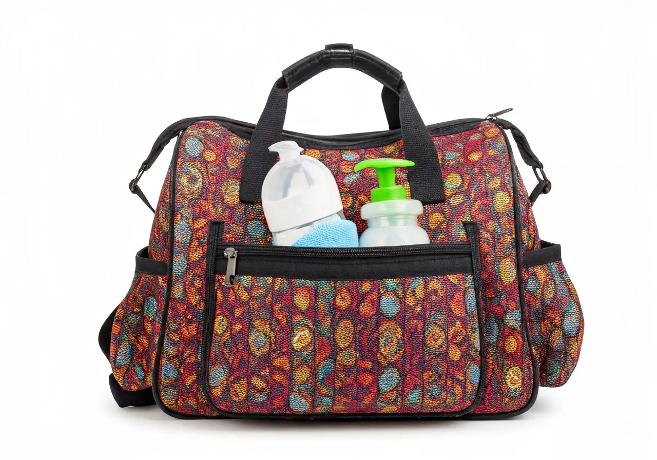 A colorful travel bag with baby essentials spilling out. 35mm stock photo