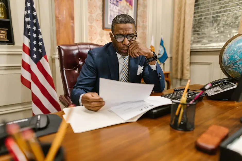 A lawyer in a suit deeply engaged in reviewing legal documents at his office desk.