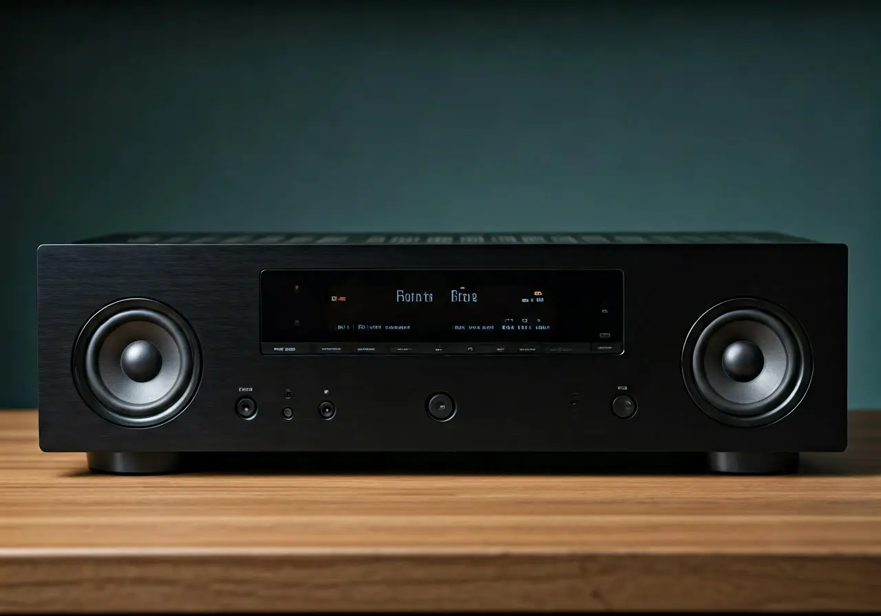 A sleek AV receiver with modern wireless speakers in a room. 35mm stock photo