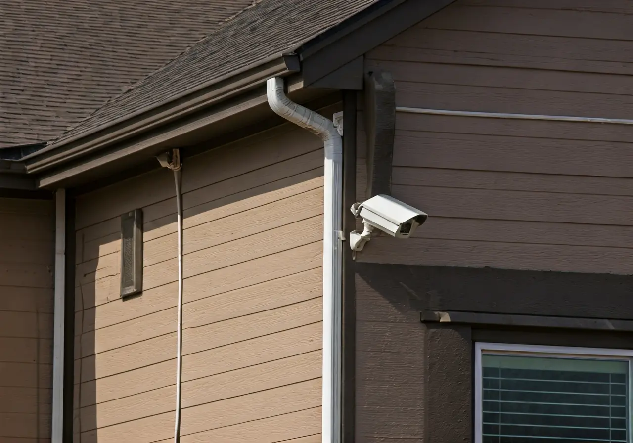 A typical Pendleton home exterior featuring wired security cameras. 35mm stock photo