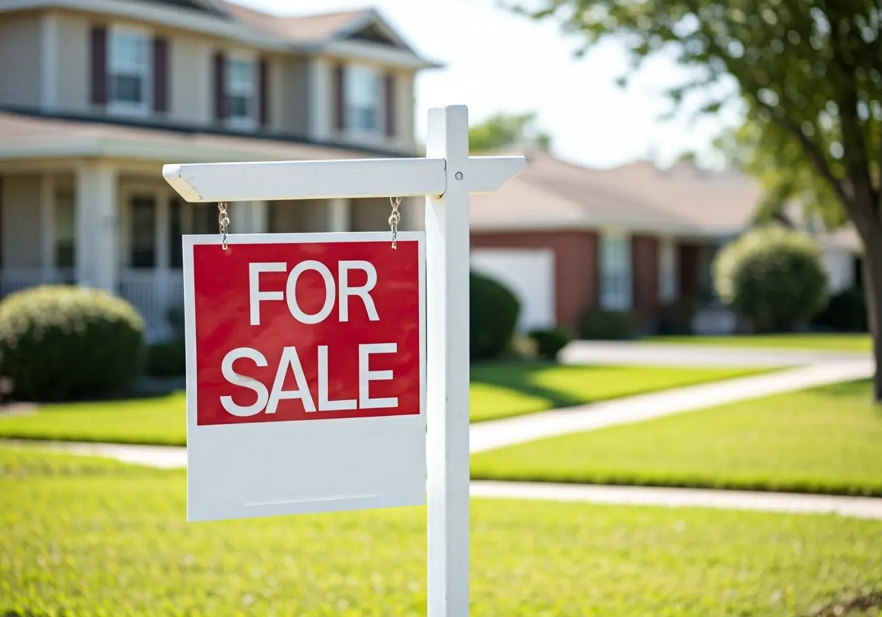 A For Sale sign in front of a suburban house. 35mm stock photo