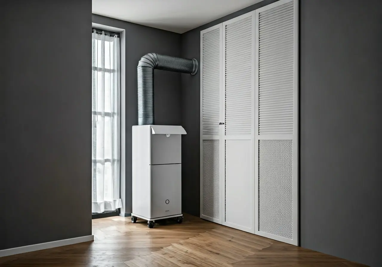 A modern HVAC system filtering air in a cozy room. 35mm stock photo