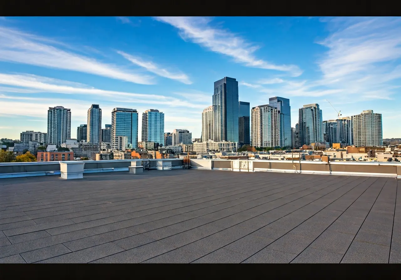 A rooftop with Bellevue skyline in the background. 35mm stock photo