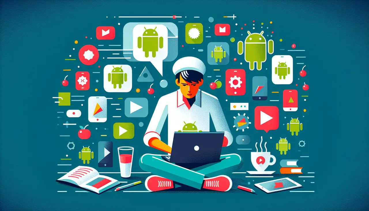 Draw a graphic in flat design style. A flat design illustration of a focused Android developer typing on a laptop surrounded by Android app icons.