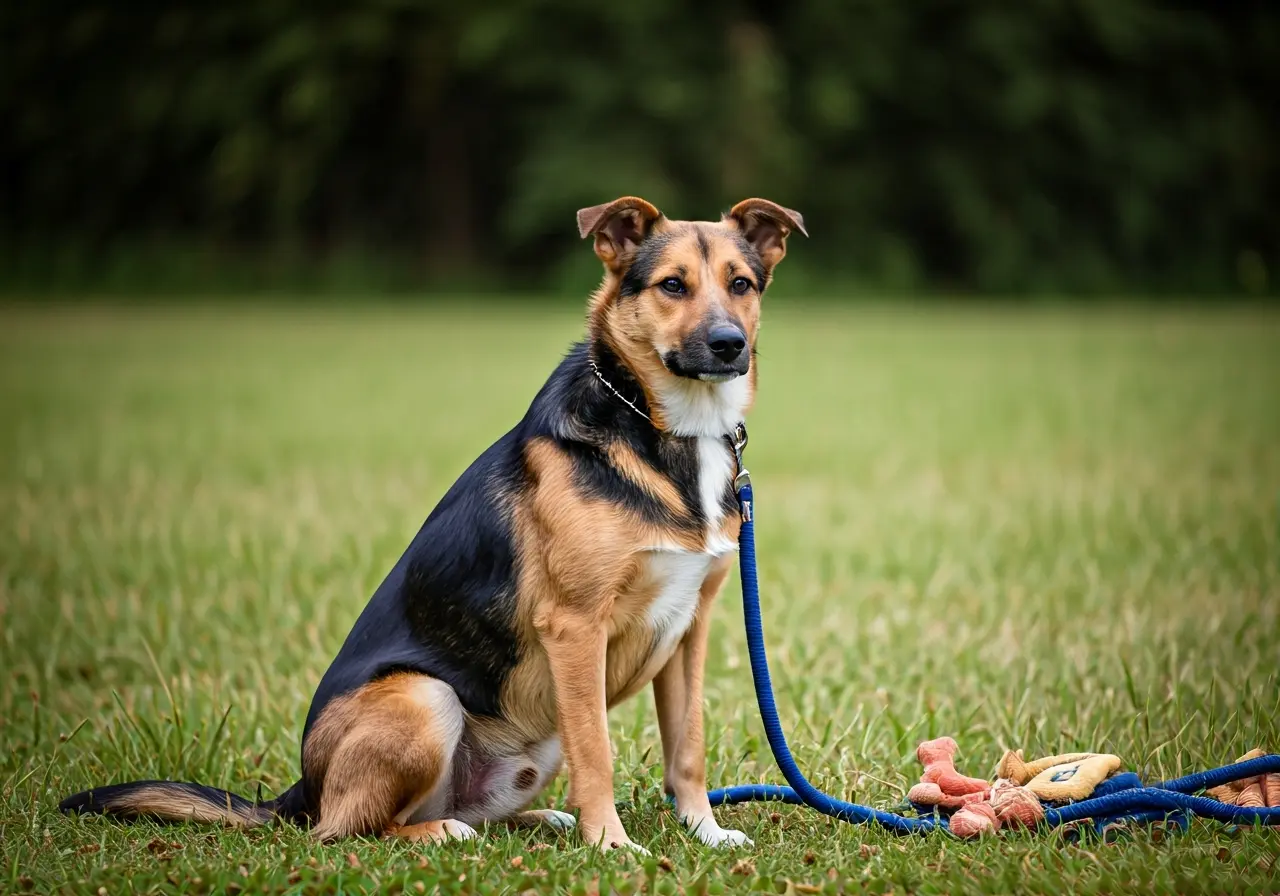 A dog sitting attentively with a leash and treats nearby. 35mm stock photo