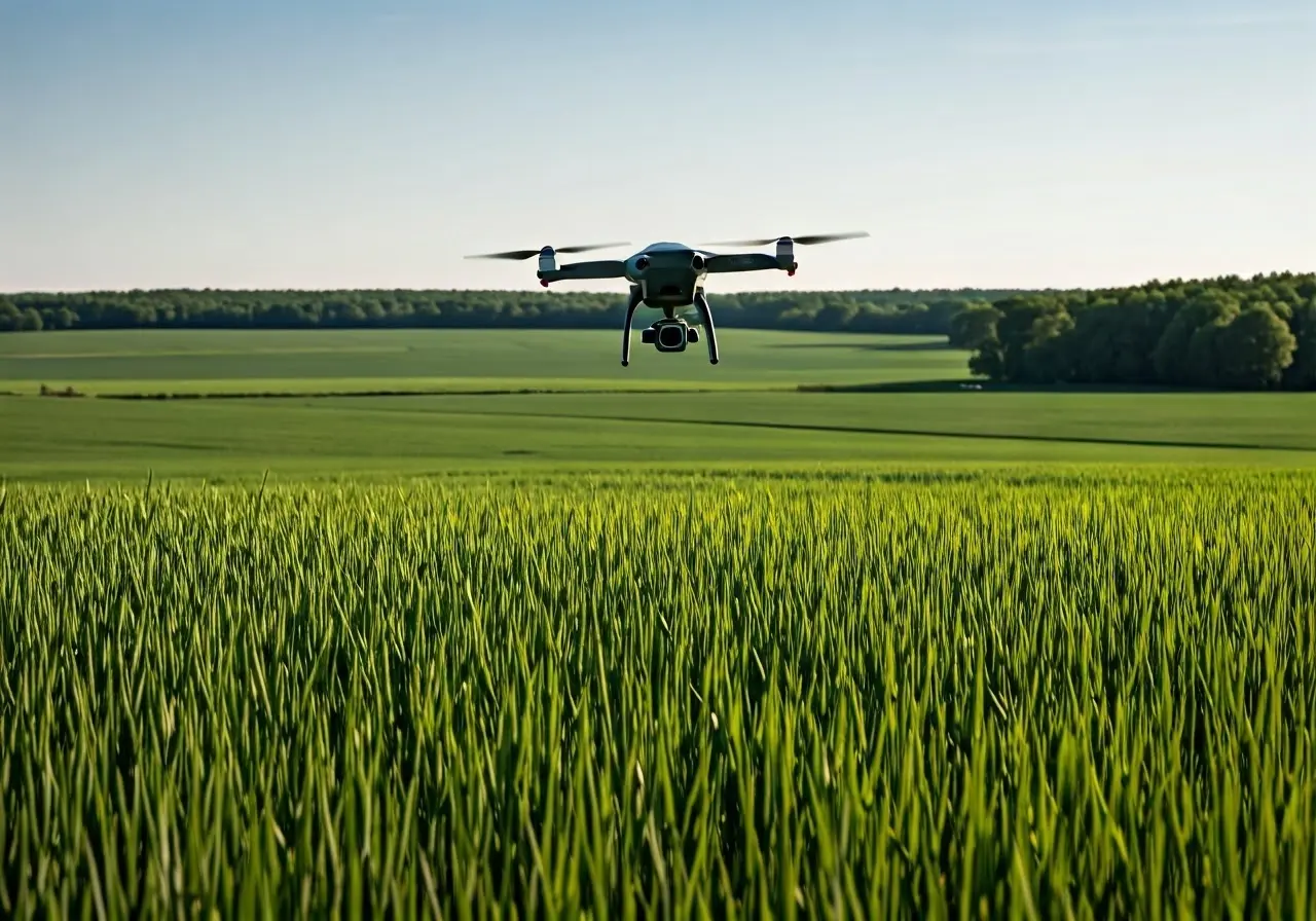 A drone flying over a lush, green agricultural field. 35mm stock photo