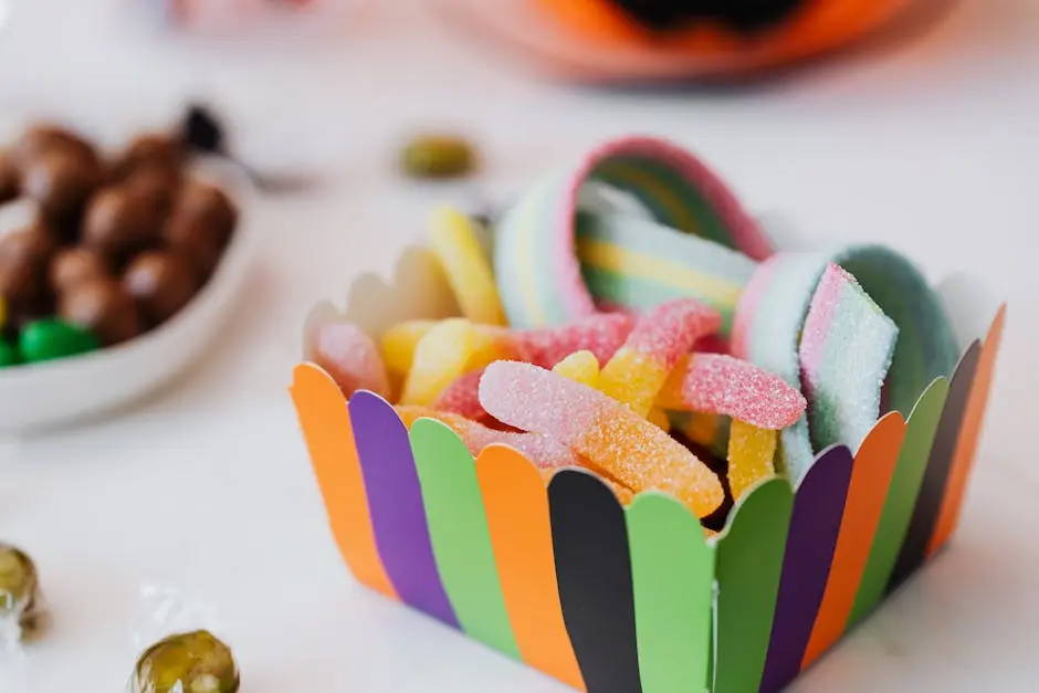 A vibrant box of colorful gummy candies and chocolates on a table.