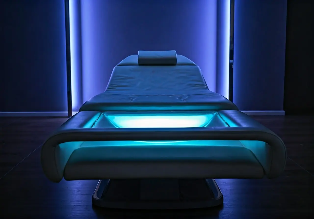 A sleek, modern therapy bed glowing with calming blue light. 35mm stock photo