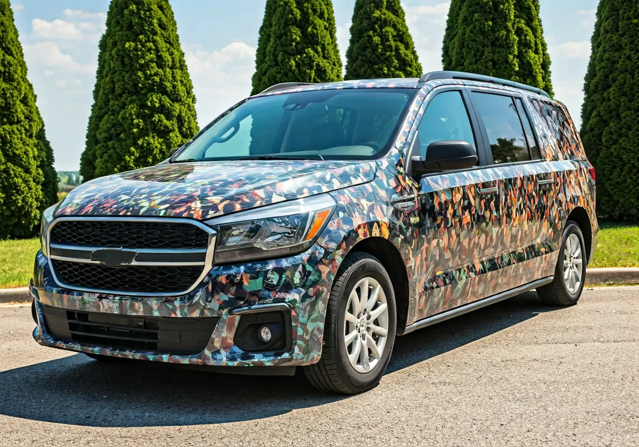 A shiny, well-maintained fleet vehicle with a vibrant wrap. 35mm stock photo