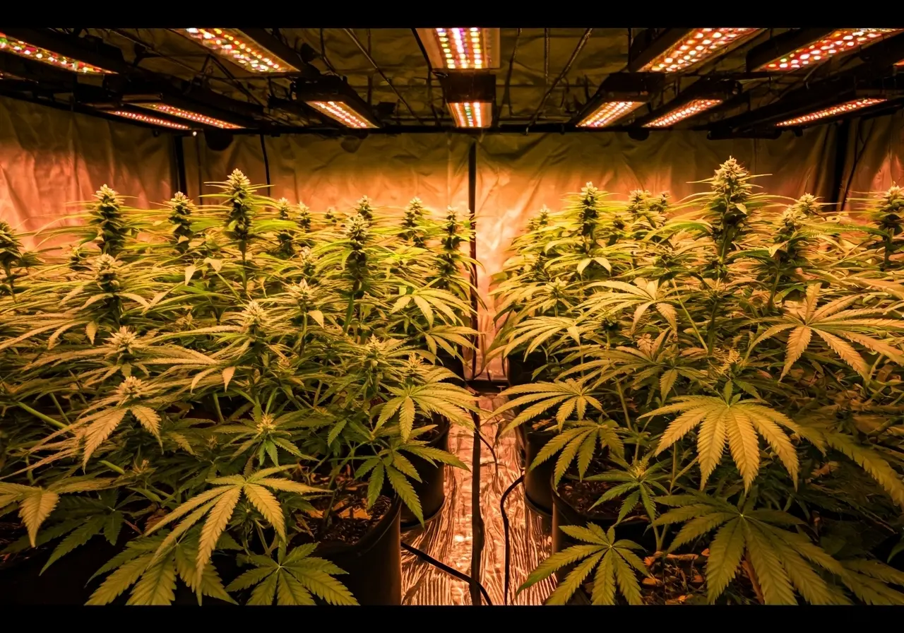 Rows of cannabis plants growing under LED lights indoors. 35mm stock photo