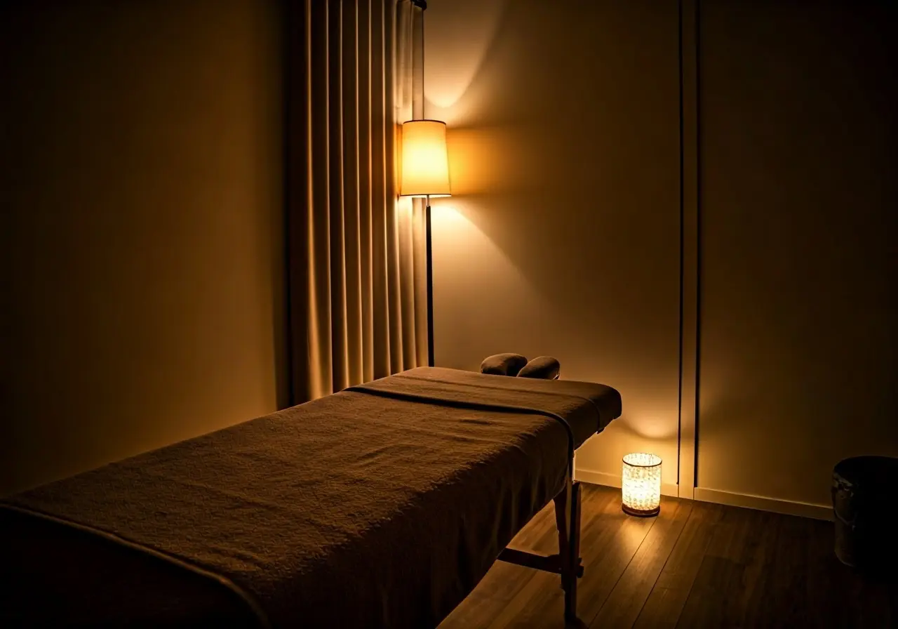 A serene massage therapy room with calming, dim lighting. 35mm stock photo