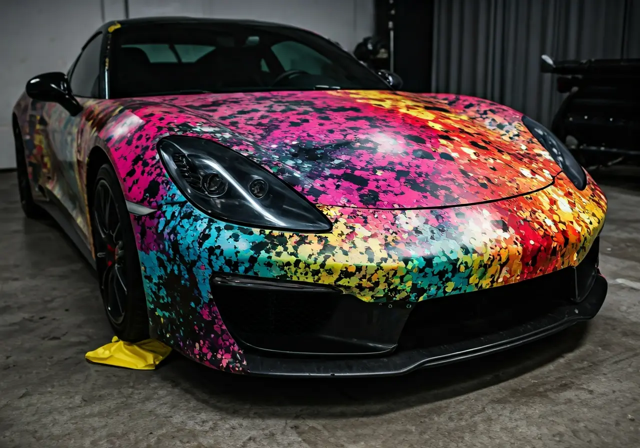 A colorful car wrap being applied to a sleek sports car. 35mm stock photo