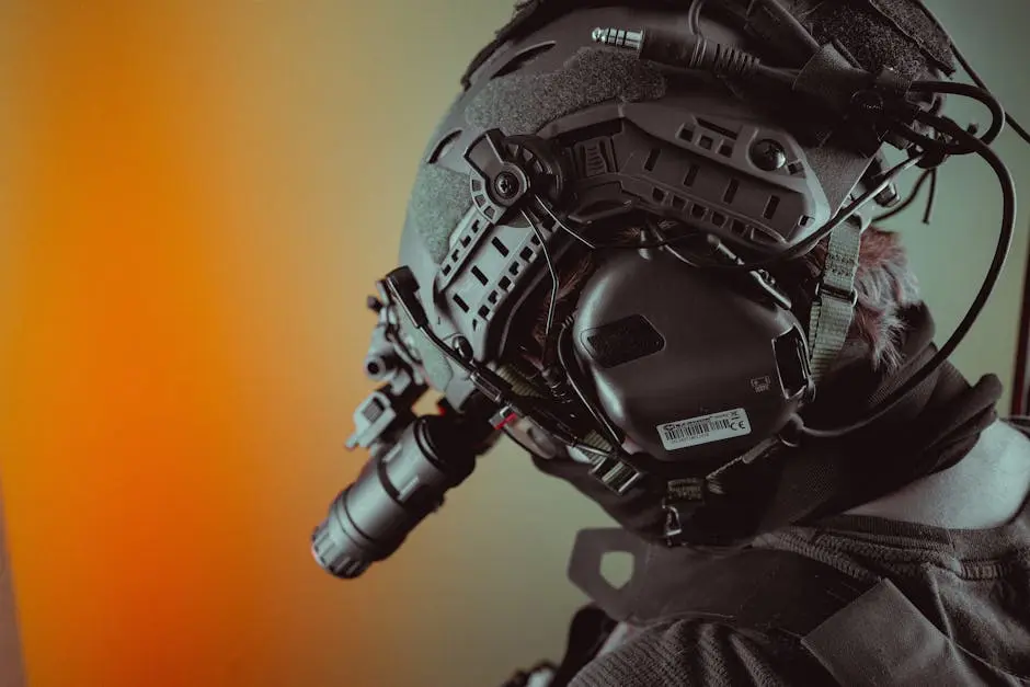 Close-up of a tactical helmet equipped with night vision gear, emphasizing technology.