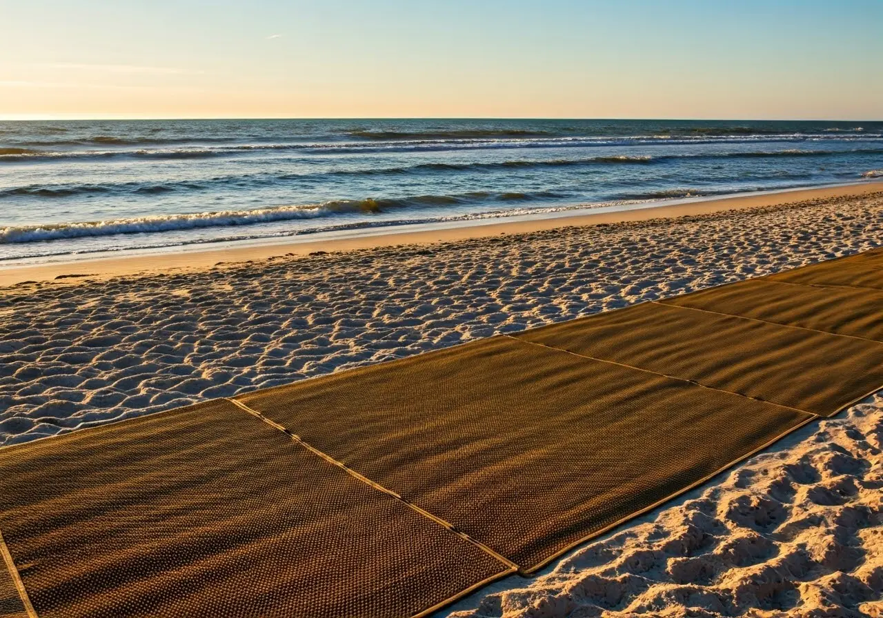A serene beach scene with grounding mats on the sand. 35mm stock photo
