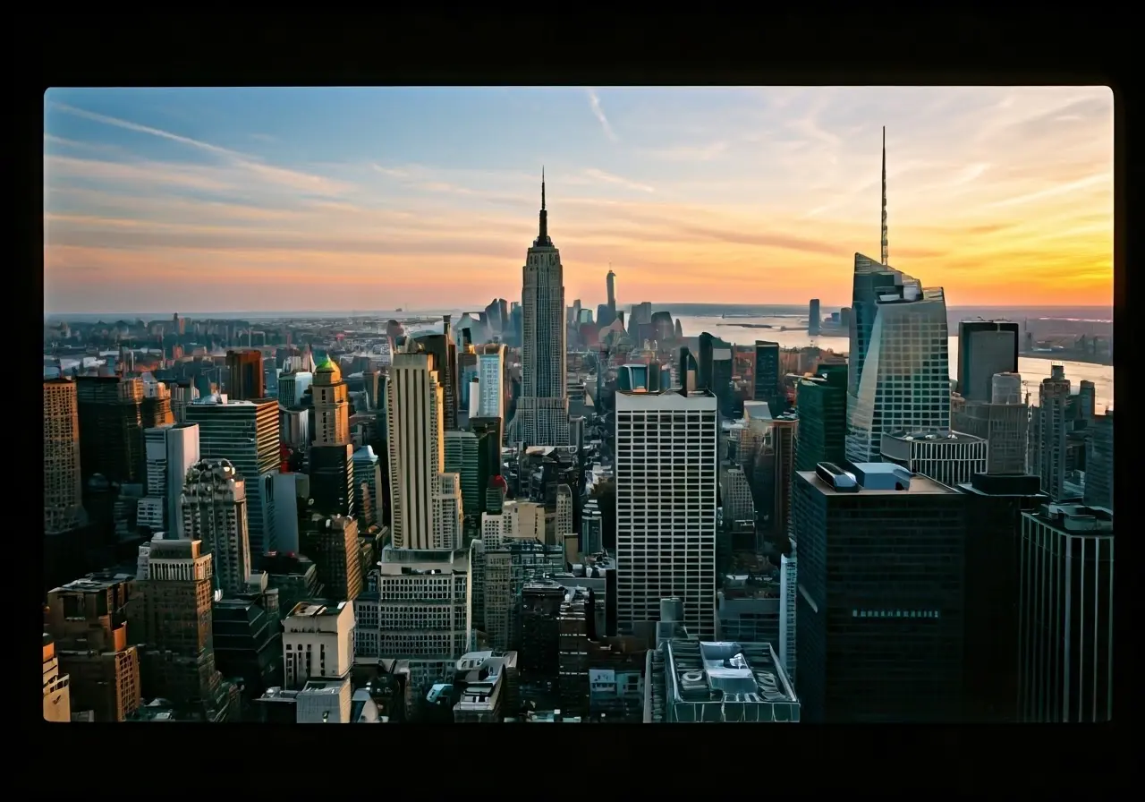 Aerial view of New York City skyline at sunset. 35mm stock photo