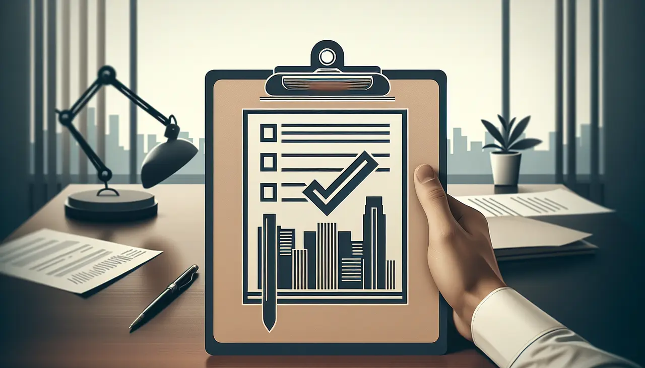 Draw a graphic in flat design style. A professional-looking clipboard with a checklist icon, set against a minimalist office background with a subtle hint of the Pasadena skyline to symbolize business litigation.