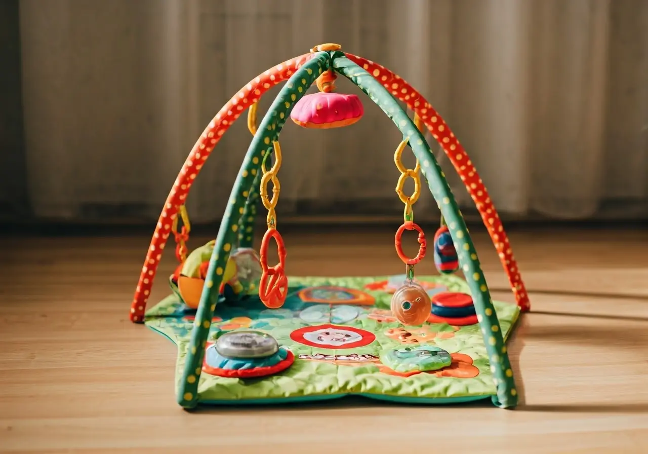 A colorful baby play mat with various sensory toys. 35mm stock photo