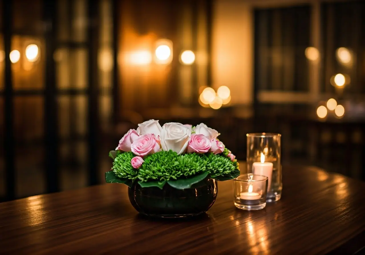 A serene spa setting with elegant floral arrangements. 35mm stock photo