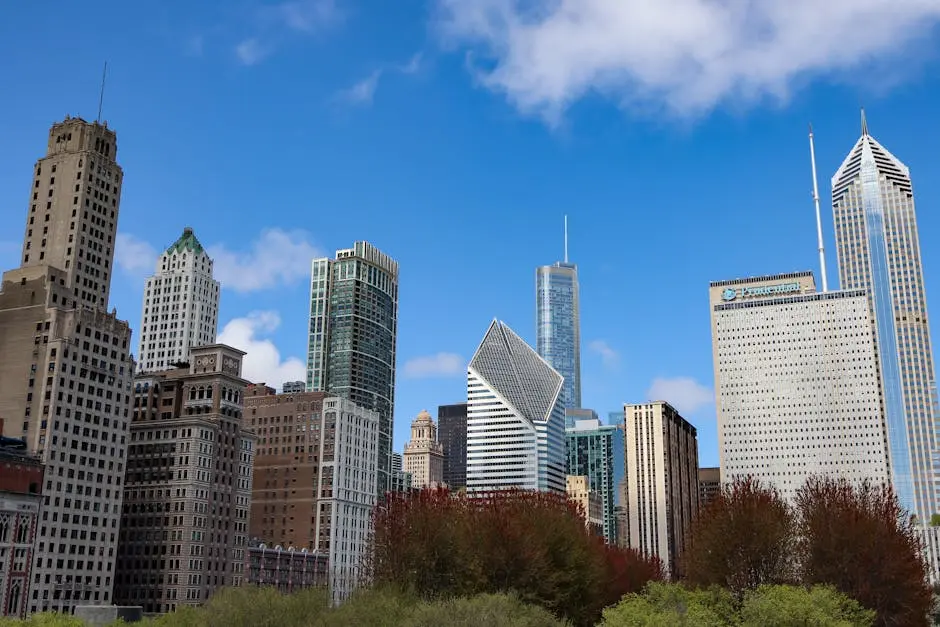 View of Chicago skyline showcasing modern skyscrapers under a clear blue sky.