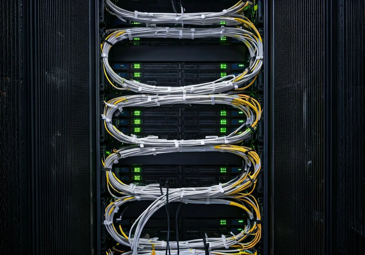 A computer server room filled with cables and blinking lights. 35mm stock photo