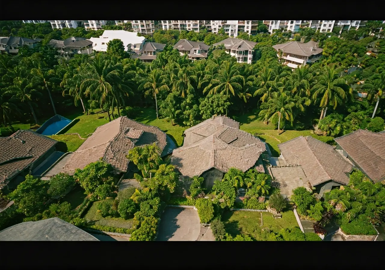 Aerial view of eco-friendly rooftops in a lush, green neighborhood. 35mm stock photo